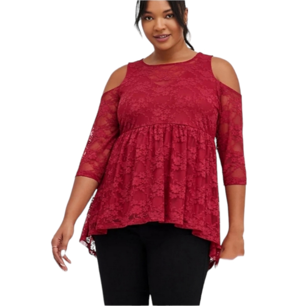 TORRID Babydoll Stretch Lace Open Shoulder Holiday Christmas Party T…